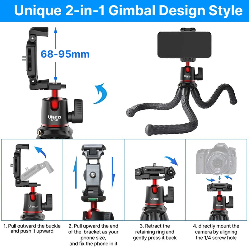 MT-11 Flexible Octopus Tripod – 2-in-1 Tripod for Smartphone and DSLR/SLR Cameras, Vlog and Travel