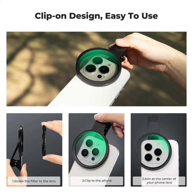67mm Clip-On Phone Filter Set – ND2–32, CPL, 1/4 & 1/8 Black Pro Mist for Smartphone Cameras