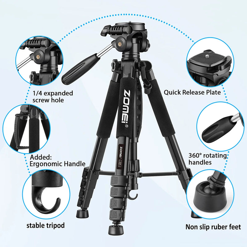 ZOMEI Q188 188cm Professional DSLR Tripod with Phone Holder – Video & Photography Stand