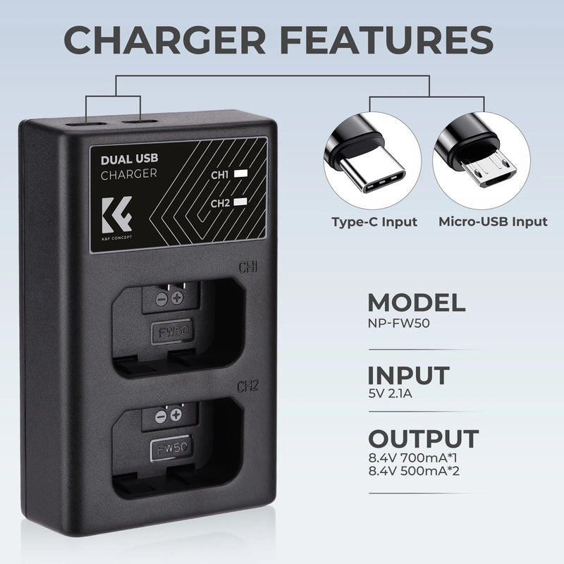 K&F CONCEPT NP-FW50 Battery Charger with LCD Display for Sony A7 A6000 A6400 A6500