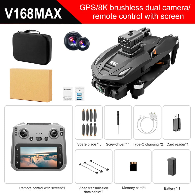 V168 Pro MAX Drone with GPS, 8K HD Camera, 5G WIFI, Obstacle Avoidance & LCD Remote