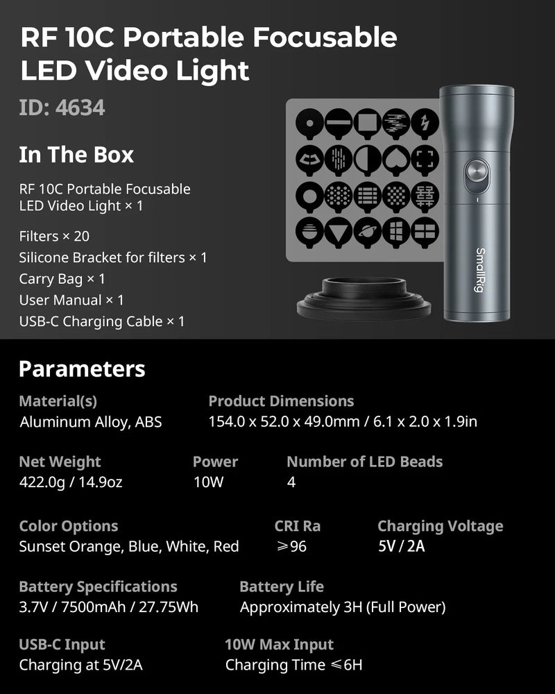 SmallRig RF 10C Focusable LED Video Light with Filters & Adjustable Color – 3H Runtime