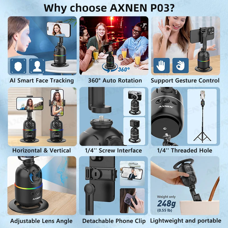 P03 Smart Auto Face Tracking Desktop AI Gimbal – 360° Rotation for Smartphone & Action Camera
