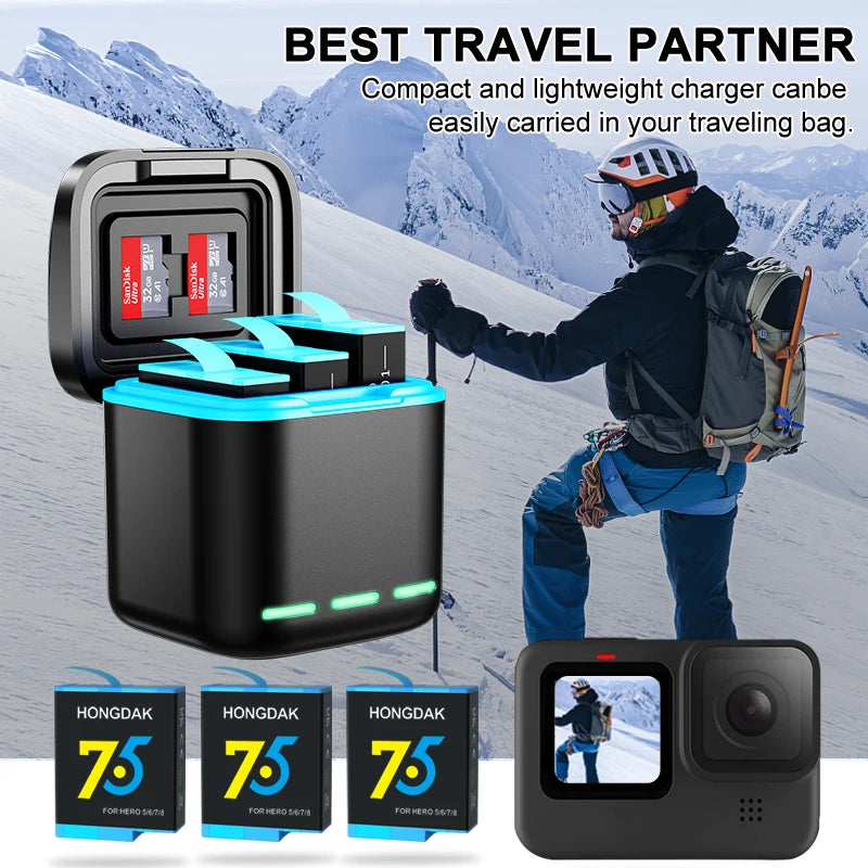 HONGDAK 3-Way Fast Battery Charger for GoPro Hero 8/7/6/5 – With Type-C Cable & TF Card Slots