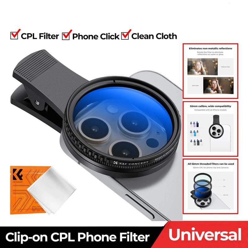 Clip-on CPL Phone Filter Kits 52mm Camera Lens Circular Polarizer Filter for iPhone 15, 14, 13
