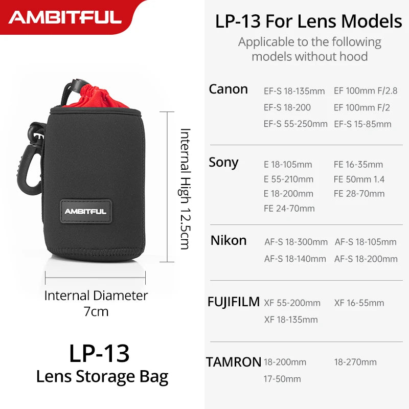AMBITFUL Camera Lens Bag – Drawstring Protective Case with Hook,for Canon, Sony, Nikon DSLR Lenses