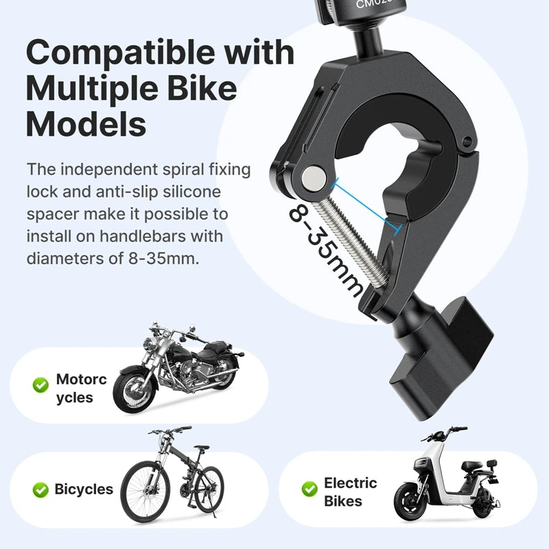 360° Rotating Handlebar Mount for Action Cameras with GoPro Adapter (8–35mm Pipes)