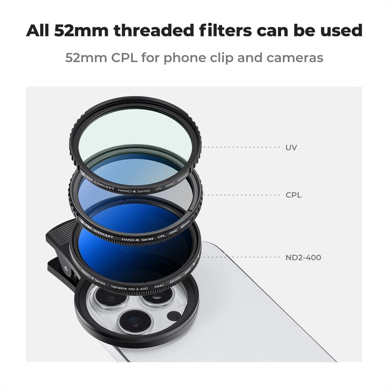 Clip-on CPL Phone Filter Kits 52mm Camera Lens Circular Polarizer Filter for iPhone 15, 14, 13